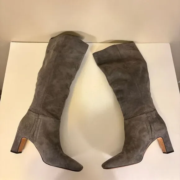 J. McLaughlin Grey Suede Heeled Knee High Tall Pull On Boots 8.5 - Picture 7 of 9